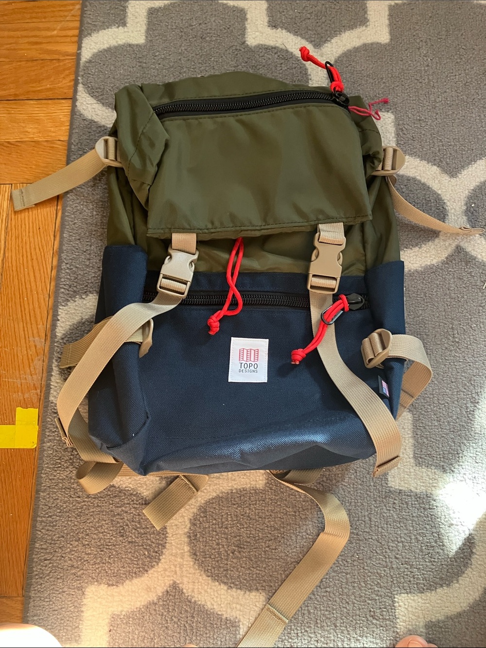 Topo Designs Olive & Navy Men’s Backpack with Tan Straps and Red Cord